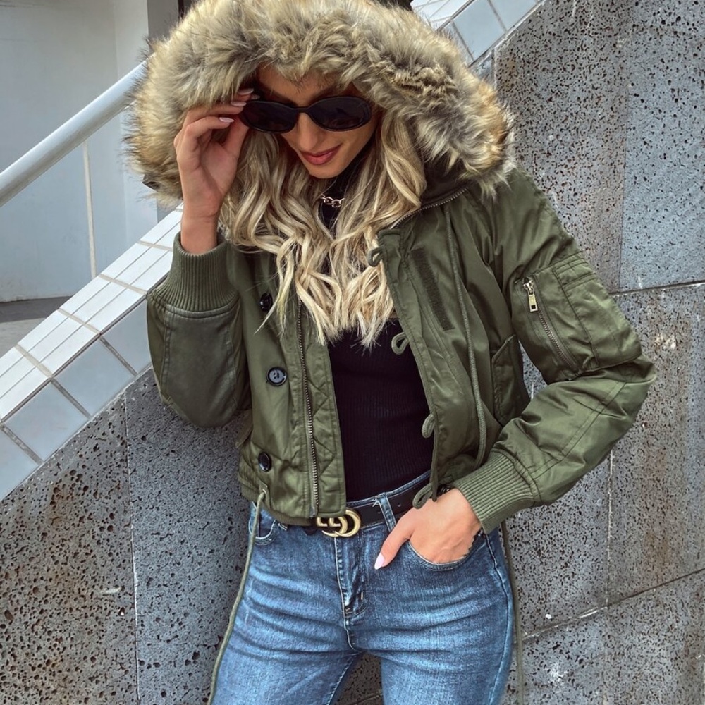 Vegan fur olive zipper button fall hoodie jacket - Picture 2 of 6